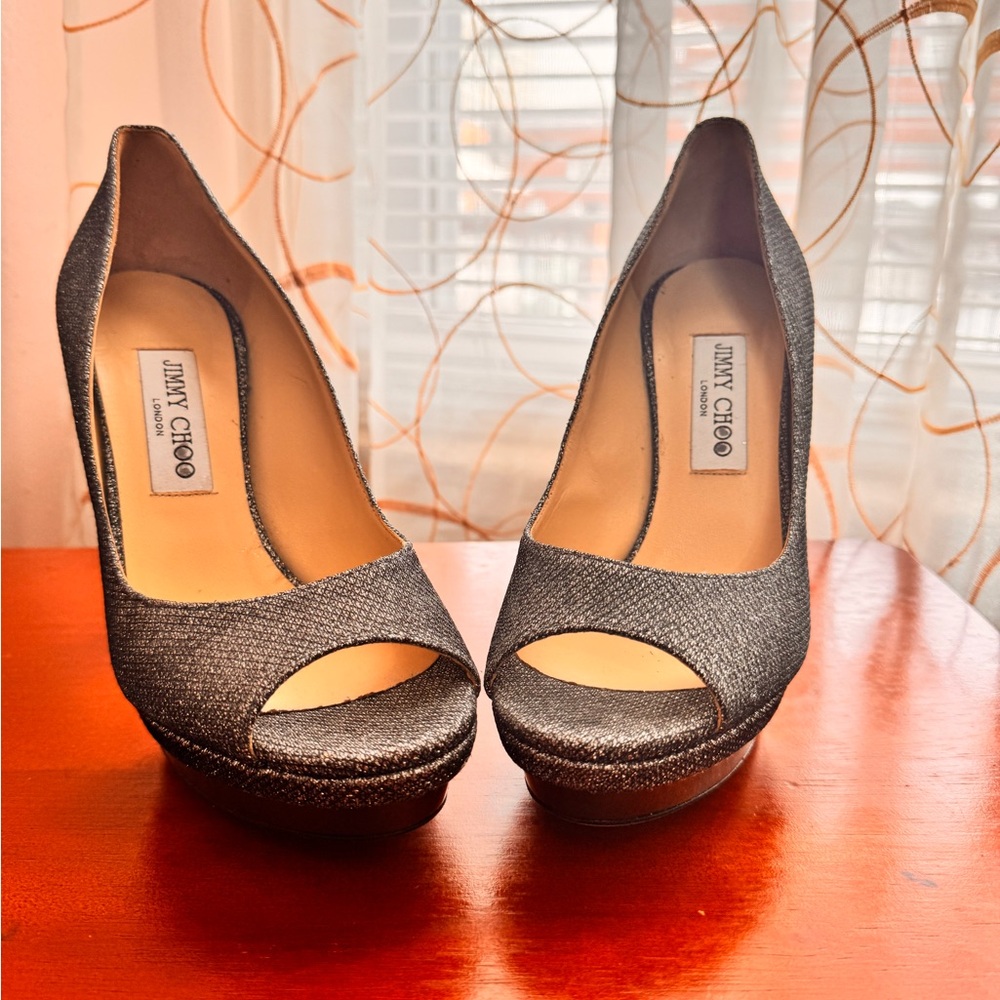 Jimmy Choo Metallic Gray Peep Toe Heels